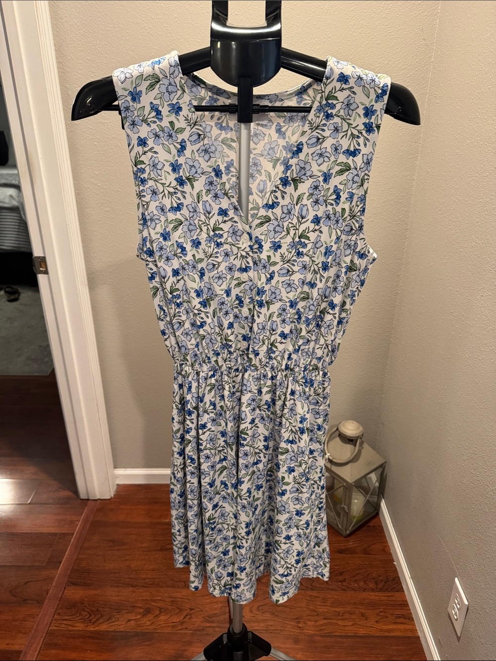 French Grey White Midi Dress with Blue Floral Print